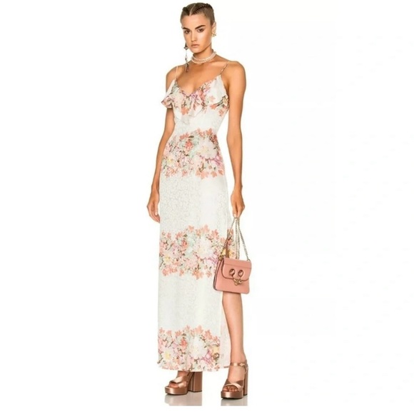 LPA Dresses & Skirts - LPA Silk Ruffle Floral Leopard Maxi Sleeveless Dress Women XS White